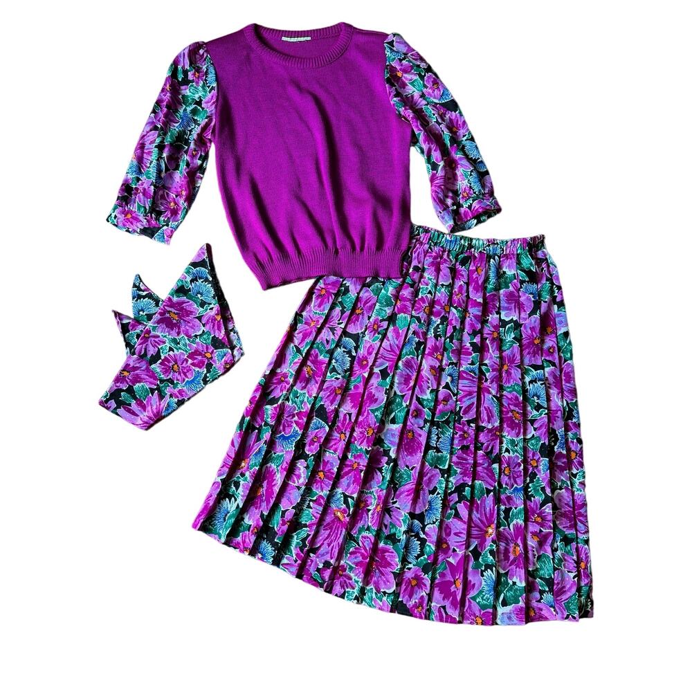 Work Habits VINTAGE jacquard floral print sweater skirt & Scarf Set Size MEDIUM